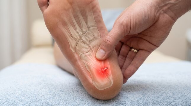 Close-up of foot sole showing plantar fasciitis pain with bone illustration