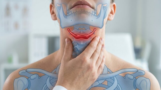 Close-up of a person's neck showing the hyoid bone highlighted in red
