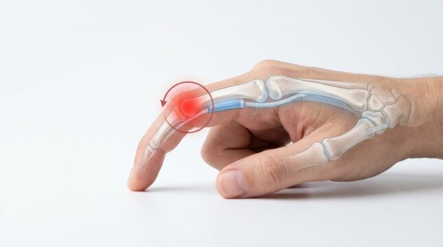 Medical illustration of a painful finger joint with inflammation and bone structure