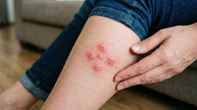 Close-up of a person's leg showing multiple red insect bites with inflammation