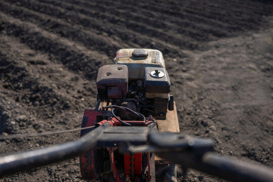 Top view from operator position of walk behind tractor on freshly plowed field with parallel furrows, showing handles and engine layout in agricultural work.