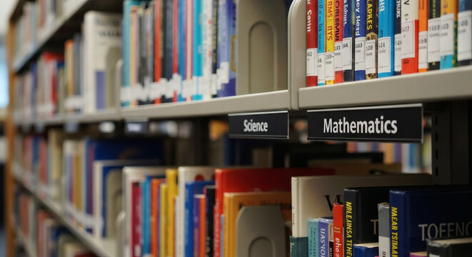 Library shelves with science and mathematics books