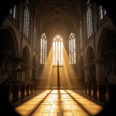 Obraz premium Chapel Interior Shrouded in Golden Light Streaming Through Stained Glass