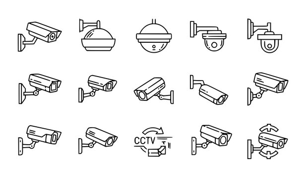 CCTV camera outline icon set security surveillance system editable stroke vector collection