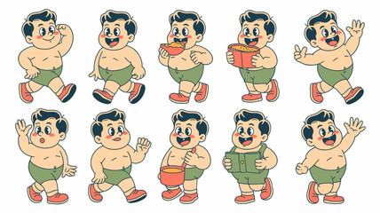 Obraz premium Cartoon Fat Boy Vintage Character Set Retro Mascot Concept Illustrations