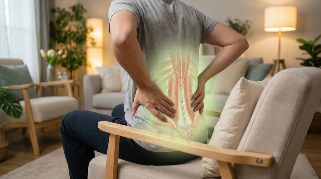 Man experiencing lower back pain with anatomical illustration of muscles and spine
