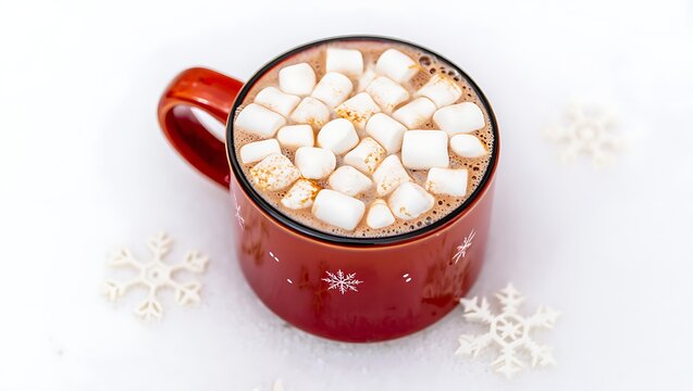Red Mug of Hot Chocolate with Mini Marshmallows in Winter Snow
