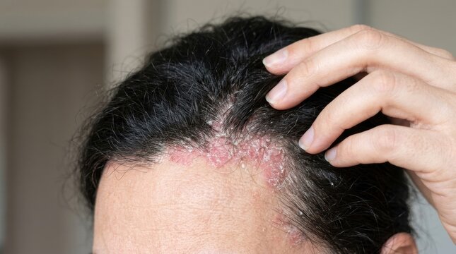 Close-up of a person's scalp showing red, flaky patches of psoriasis and dandruff