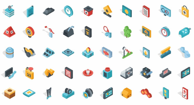 Collection of isometric icons representing various objects and concepts, including technology, security, and everyday items.