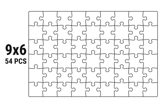 Empty jigsaw puzzle grid template, 54 pieces 9x6. puzzle elements. vector illustration on isolated