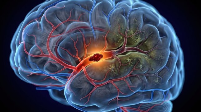 Close-up view of a brain with a blood clot in an artery causing a stroke