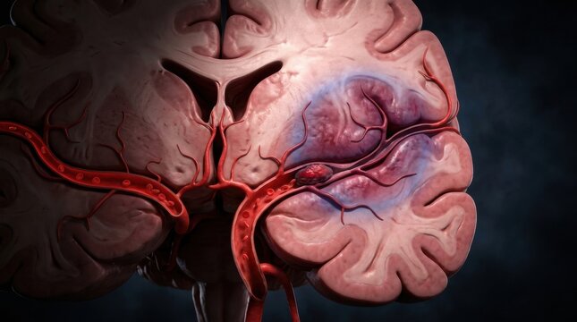 Close-up 3D rendering of a brain cross-section showing a ruptured aneurysm