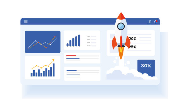 Modern Financial Dashboard UI with Rocket Launch Symbolizing Business Growth and Stock Market Success