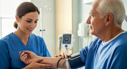 Fototapeta premium Female nurse measuring blood pressure of senior man in hospital clinic