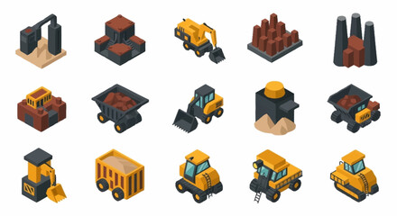 Isometric construction and mining vehicles and equipment set, including excavators, dump trucks, and industrial buildings. © Temenan