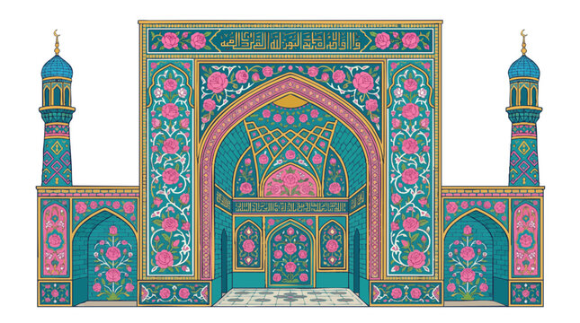 Ornate Islamic Mosque Facade With Symmetrical Minarets.