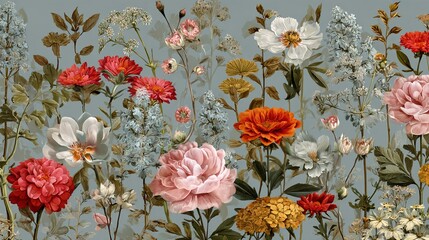Naklejka premium Garden flowers create a repeating design. This vintage floral pattern is perfect for spring or summer, featuring botanical art for weddings and more.