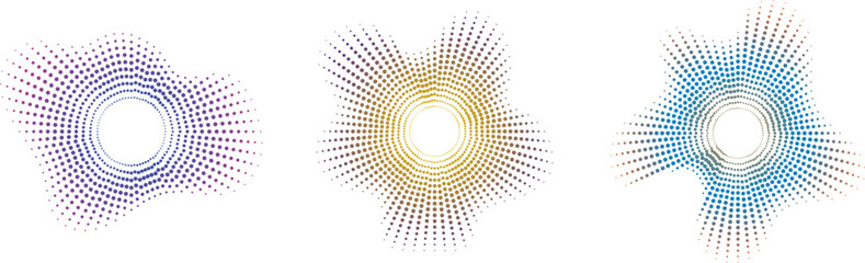 Abstract soundwave circles set, colorful audio frequency waveforms, radial digital equalizer visualizer icons, 3 vector music wave elements © Chromatic Pulse