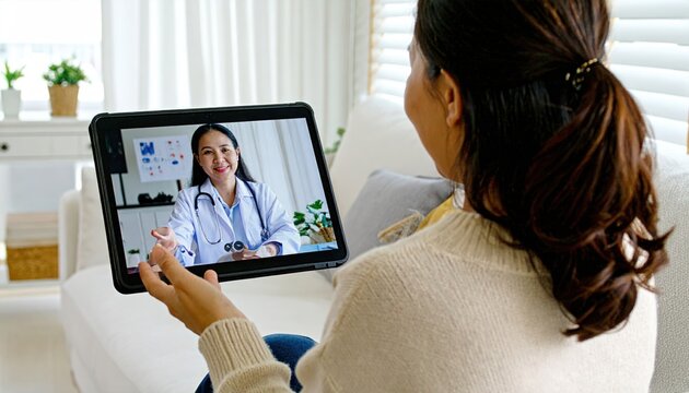 Woman using tablet for telehealth consultation with doctor.