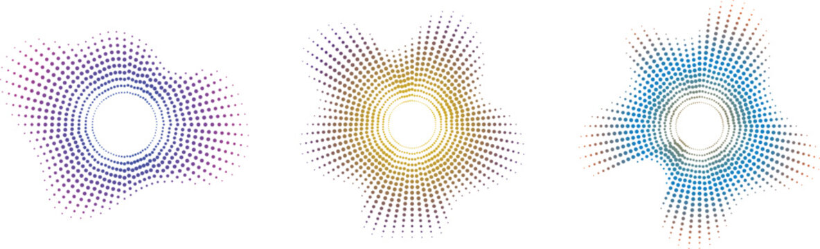 Abstract soundwave circles set, colorful audio frequency waveforms, radial digital equalizer visualizer icons, 3 vector music wave elements