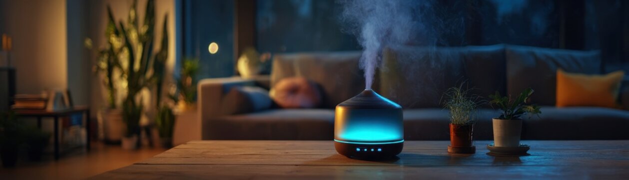 Electric aroma diffuser with glowing blue light emitting steam in cozy living room
