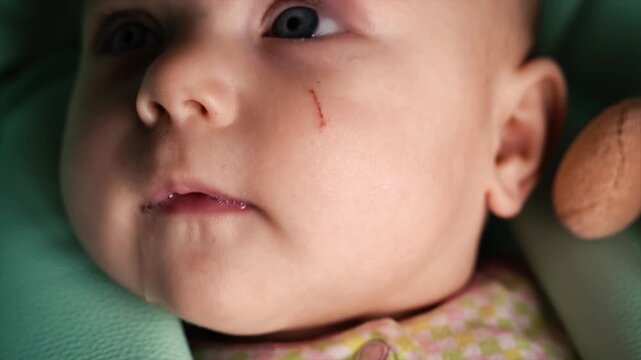 Close-up of a child's face. The little baby is shaking with impatience, drooling. Mom wipes drool from her lips