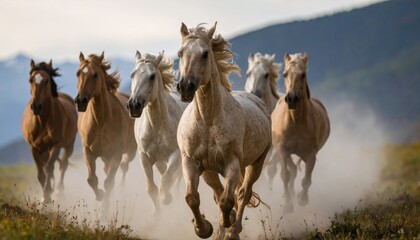 Obraz premium Wild Horses Running Free in a Mountain Meadow.