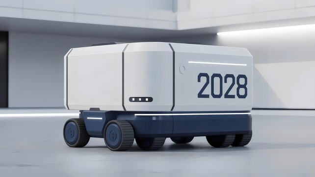 White and navy robotic delivery drone for 2028 &ndash; Suitable for last-mile delivery, AI transport, and urban courier bots.