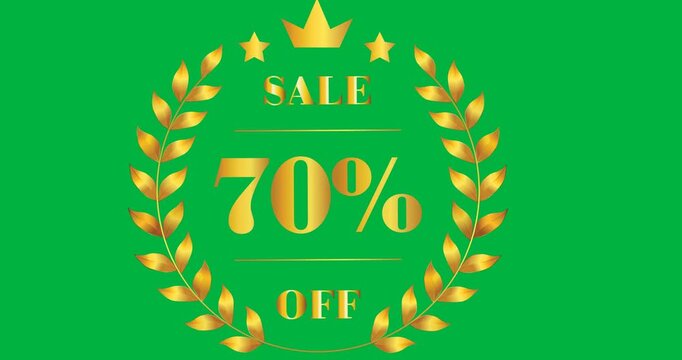Rising gold emblem revealing SALE 70% OFF with laurel wreath, crown and stars on black backdrop