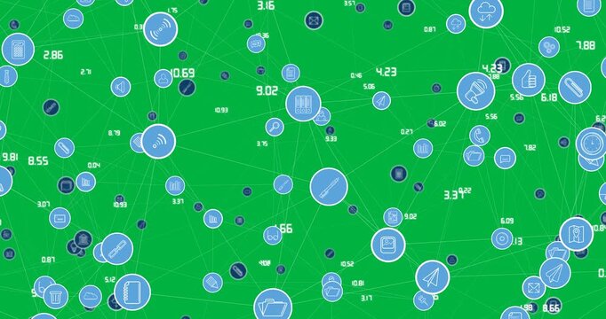 On play camera panning across network graph on transparent background, revealing blue icon nodes