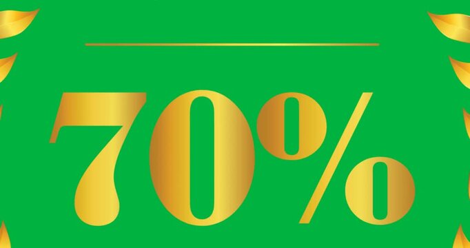 Gold laurel emblem from closeup, unfolding into SALE 70%OFF, holding, zooming, clearing transparent