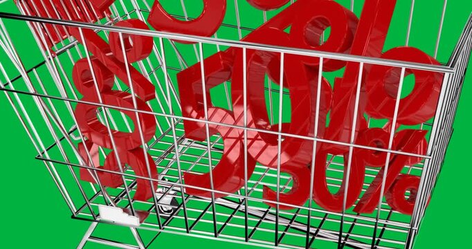 Orbiting chrome wire shopping cart showing glossy red 75% symbols in studio, with caster wheels