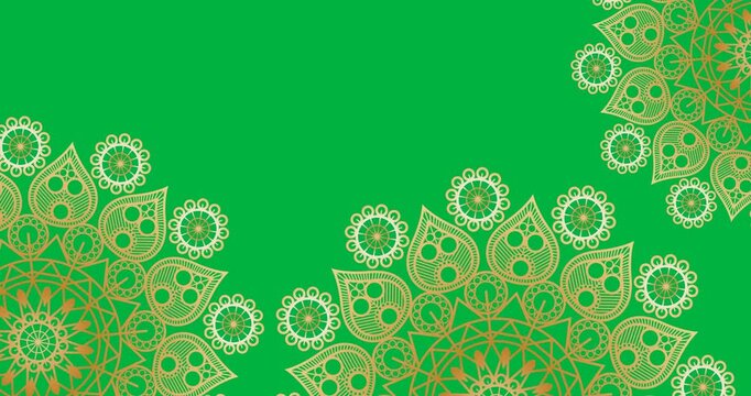 At start three gold mandalas sliding, rotating, forming scalloped border around transparent center