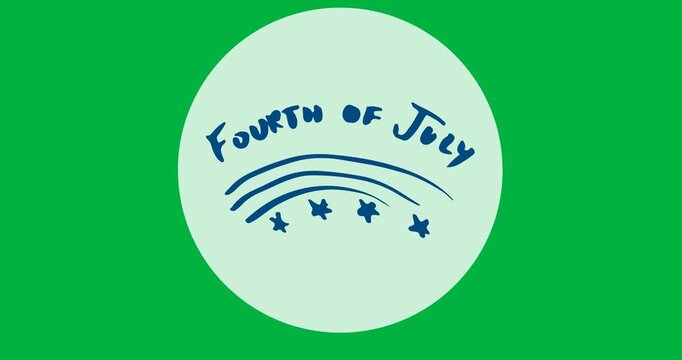 Digital animation of 4th of july text on white circular banner against black background