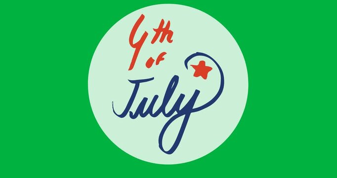 Digital animation of 4th of july text on white circular banner against black background