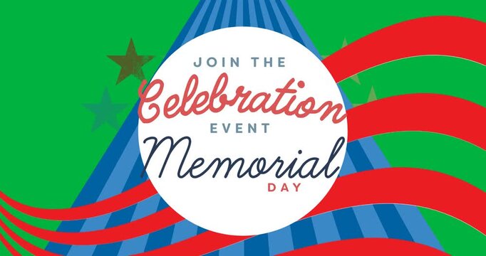 Happy memorial day text on white banner over red wavy lines against blue radial stripes and stars
