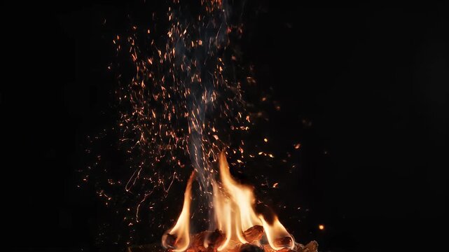 Vibrant orange flames burning wood against a dark black background