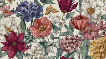 Naklejka premium Garden flowers repeat in a watercolor design. Old-fashioned spring or summer blooms fill the pattern. This botanical art is perfect for weddings.