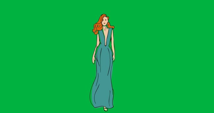 Digital animation of fashion model sketch icon against black background