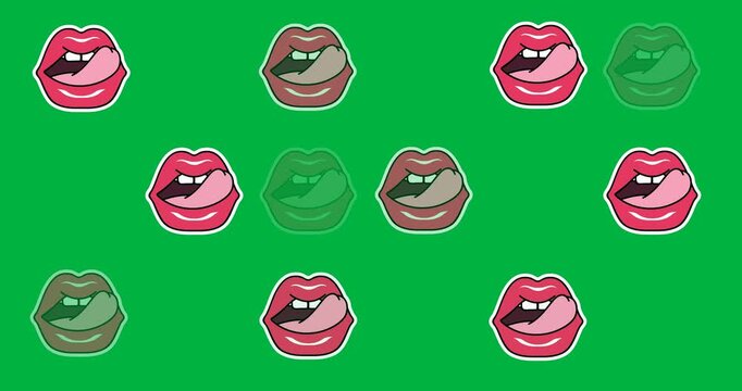 Digital animation of multiple pink lips icons against black background