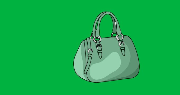 Digital animation of green female handbag icon and vogue text against black background