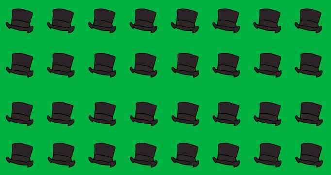 Digital animation of hat icons in seamless pattern against black background