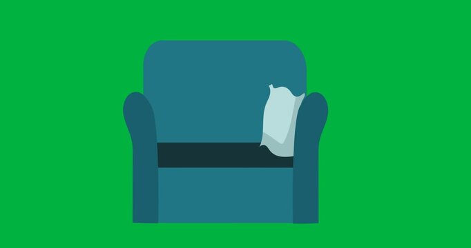 Digital animation of green couch and pillow icon against black background