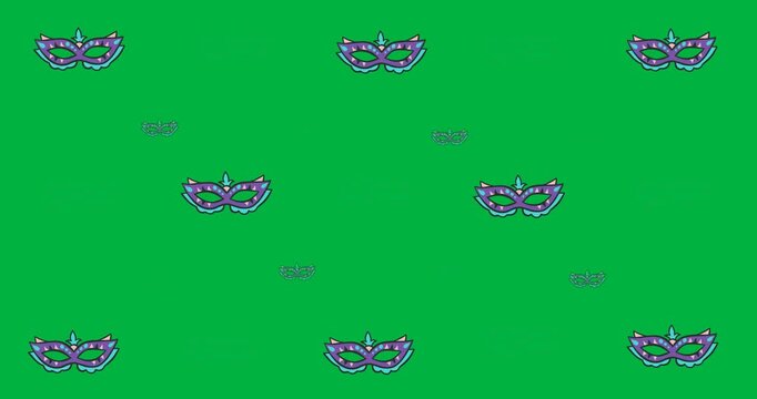Digital animation of multiple masquerade mask icons in seamless pattern against black background