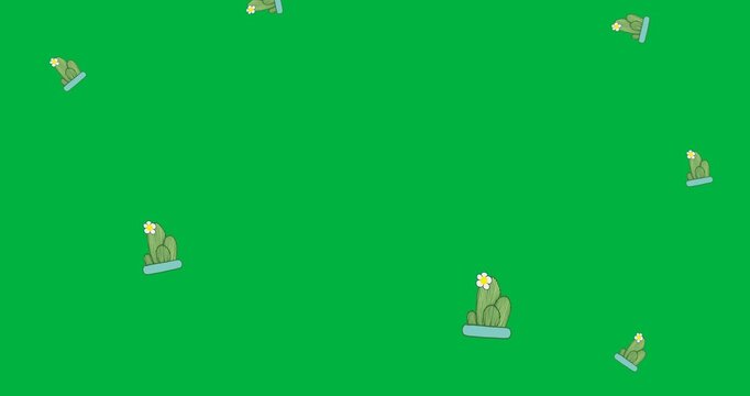 Digital animation of multiple cactus plant icons falling against black background