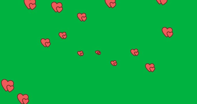 Digital animation of red two heart icons floating against black background