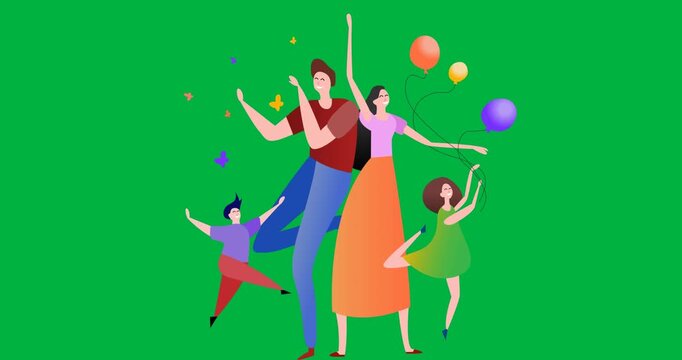 Digital animation of family playing with balloons icon against black background