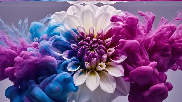 White dahlia flower with blue and purple ink diffusing in water