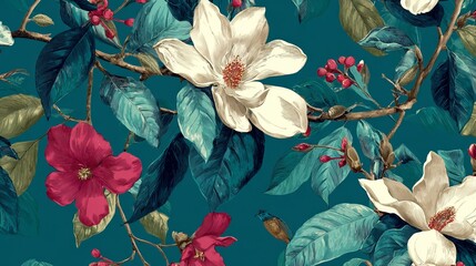 Obraz premium Botanical design shows hand-drawn tropical blooms and rich teal foliage. Vintage art suits fine fabrics, wallpaper, clothes, and decor.