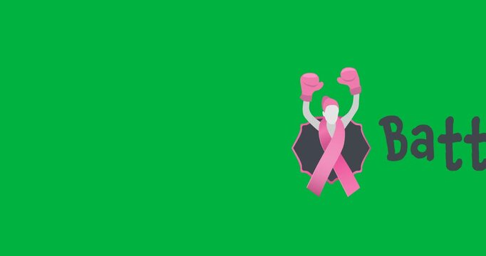 Battle text with pink ribbon over female boxer icon against black background